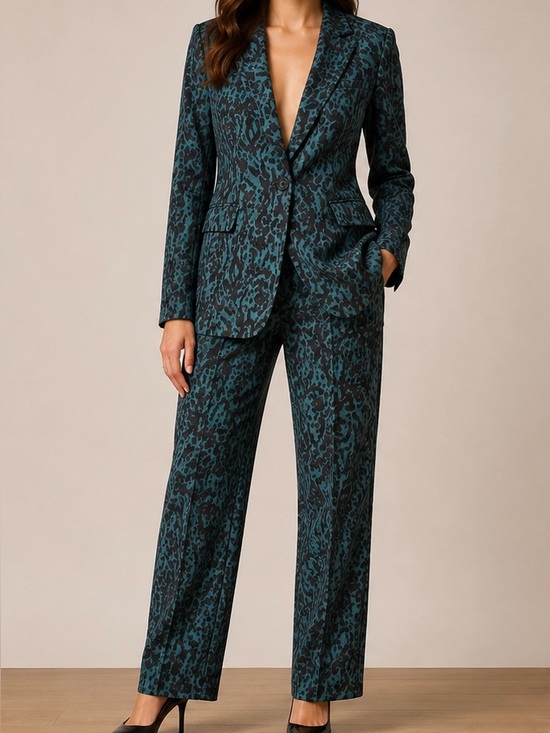 Pants - WE - Designer Printed Teal and Black Pant Suit Blazer Size 40 / Pants 38